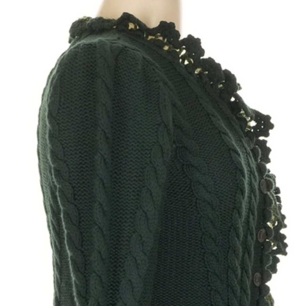 🌿 Carlisle Forest Green Merino Wool Fairycore Cardigan | Knit Flower Appliqué S - Picture 10 of 13